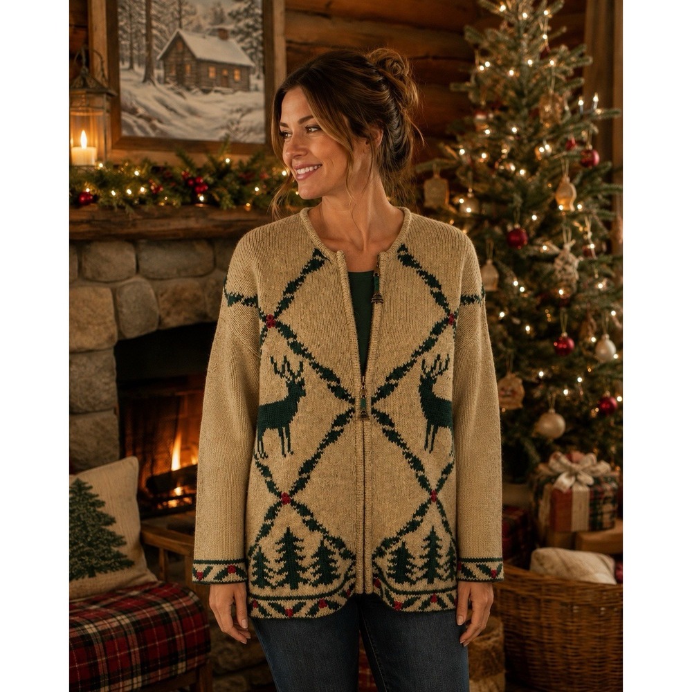 Vtg Woolrich Cowichan Reindeer Cardigan Size Large Holiday Cabincore Christmas